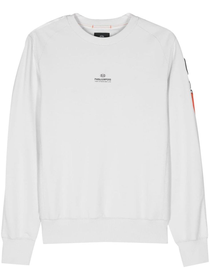 cloud white cotton blend jersey texture ribbed panelling ribbed trim logo print to the front logo patch at the sleeve detachable logo pendant crew neck long sleeves straight hem French terry lining Long Sleeve Sweater With Logo For Streetwear, Sporty Crew Sweater With Logo Detail, Modern Crew Neck Tops With Ribbed Cuffs, Modern Sweater With Ribbed Cuffs For Streetwear, Modern Crew Neck Sweatshirt With Logo Print, Sporty Cotton Sweater With Logo Detail, Modern Crew Neck Sweatshirt With Ribbed Cuffs, Classic White Sweater With Embroidered Logo, Relaxed Fit Long Sleeve Sweater With Logo Detail