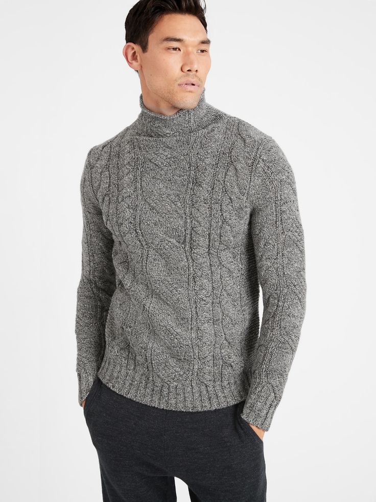 Cable-Knit Mock-Neck Sweater | Banana Republic Casual Cable Knit Turtleneck For Cold Weather, Cable Knit Turtleneck For Cold Weather, Cozy Cable Knit Turtleneck, Classic Winter Cable Knit Turtleneck, Fall Cable Knit Merino Wool Turtleneck, Cozy Wool Cable Knit Turtleneck, Fitted Cable Knit Sweater For Cold Weather, Classic Textured Knit Turtleneck, Classic Cable Knit Turtleneck For Fall