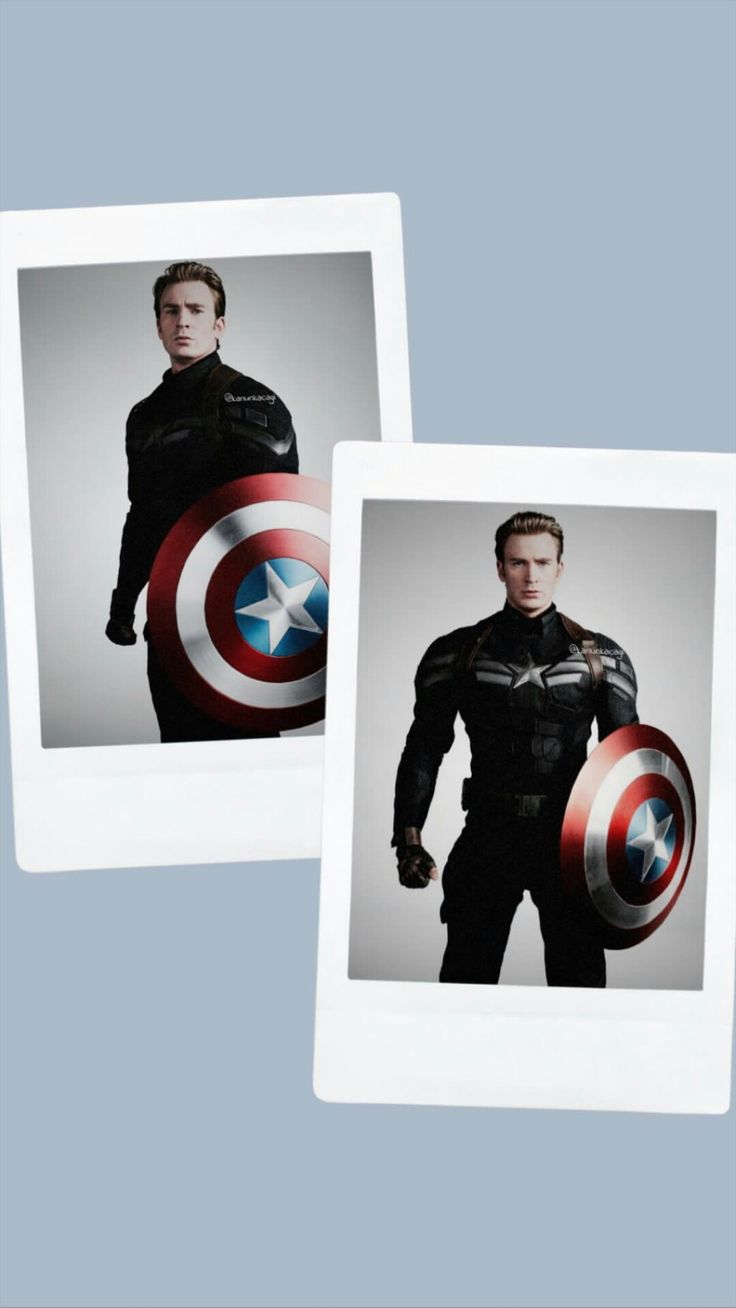 two polaroid photos of the same captain america character in black and white, one with a shield on it's chest