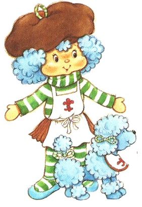 a child's drawing of a girl with blue poodles