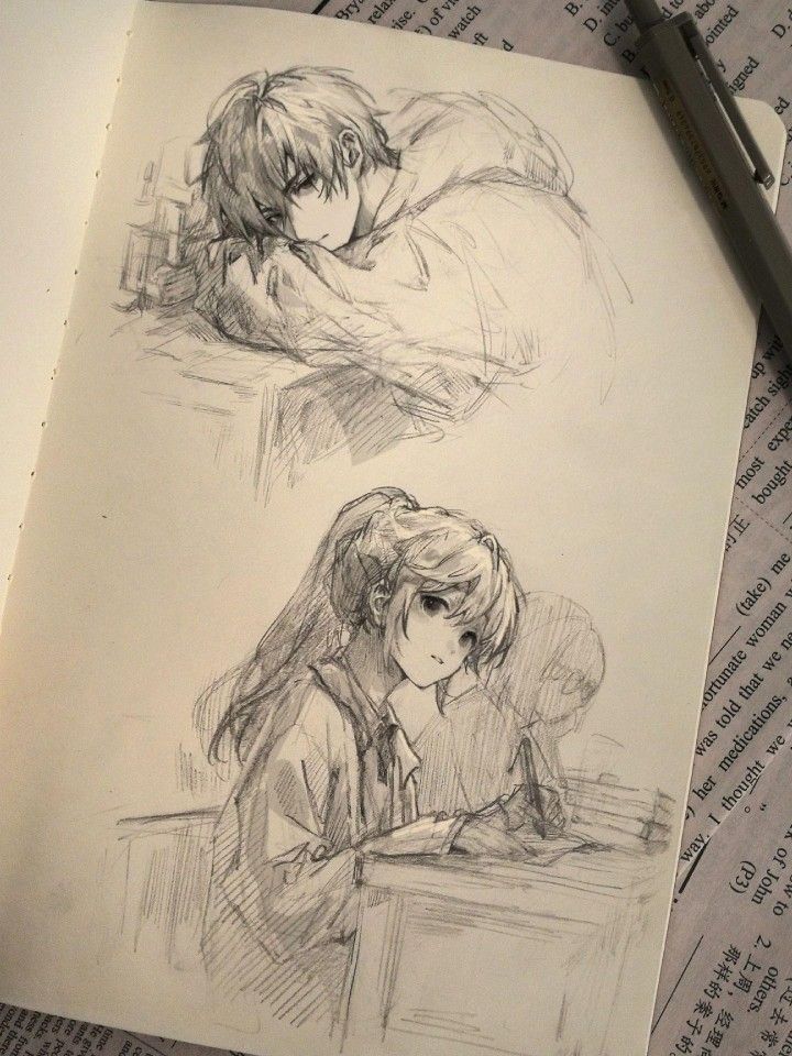 two drawings of people sitting at a table next to each other, one is reading