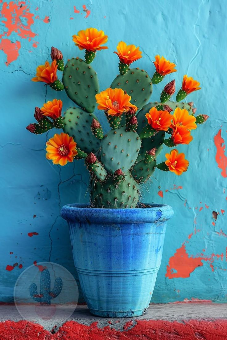 a cactus with orange flowers in a blue pot on a red and blue wall background