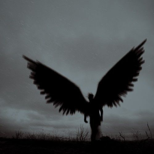 the silhouette of a person with wings outstretched in front of an overcast sky at night