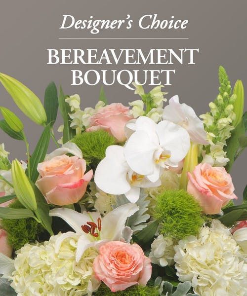 a bouquet of flowers with the words designer's choice bereavement bouquet