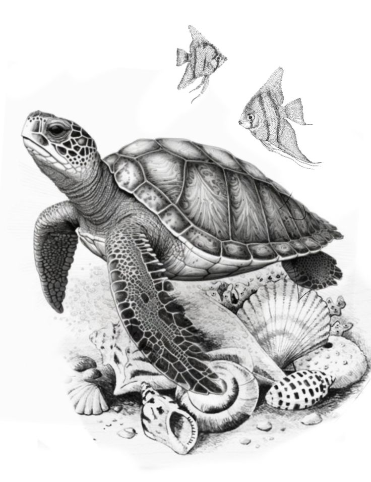 a pencil drawing of a turtle and other sea animals on the beach with shells in front of it