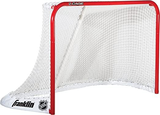 the goalie net is red and white