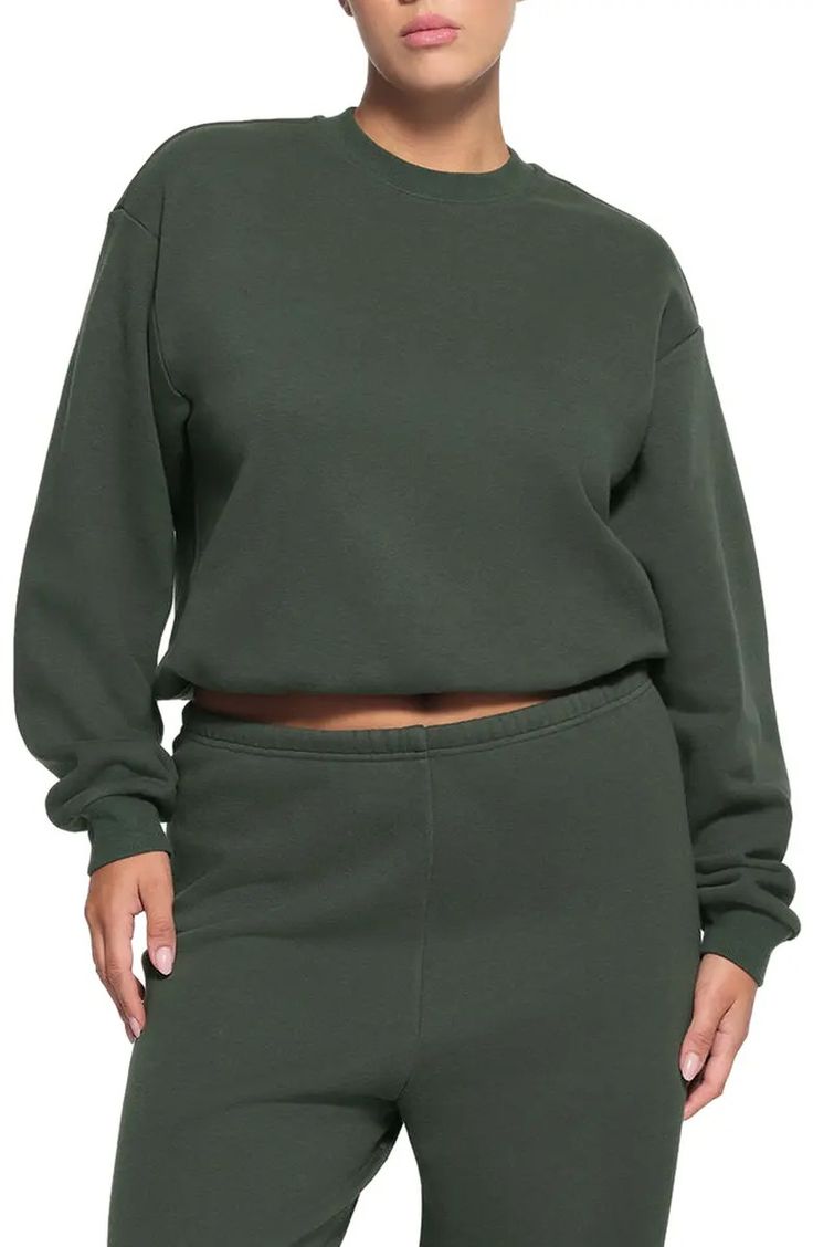 SKIMS Cotton Blend Fleece Crewneck Sweatshirt | Nordstrom Solid Athleisure Sweater With Ribbed Cuffs, Crew Top With Elastic Cuffs For Loungewear, Crew Tops With Elastic Cuffs For Loungewear, Crew Neck Top With Elastic Cuffs For Loungewear, Cozy Fleece Sweats With Elastic Cuffs, Solid Color Sweatshirt With Ribbed Waistband For Fall, Basic Fall Sweatshirt With Ribbed Waistband, Basic Solid Sweats With Ribbed Waistband, Relaxed Fit Solid Top With Ribbed Waistband