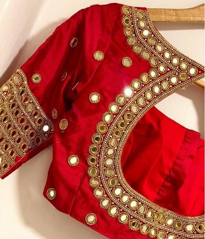 85 Latest Blouse Designs for Sarees: Images and Catalogue (2019) Blouse Designs Red, Mirror Blouse Design, Red Blouse Design, Work Blouse Designs, Mirror Work Blouse Design, Mirror Work Blouse, Sari Design, Cutwork Blouse Designs, Wedding Blouse Designs