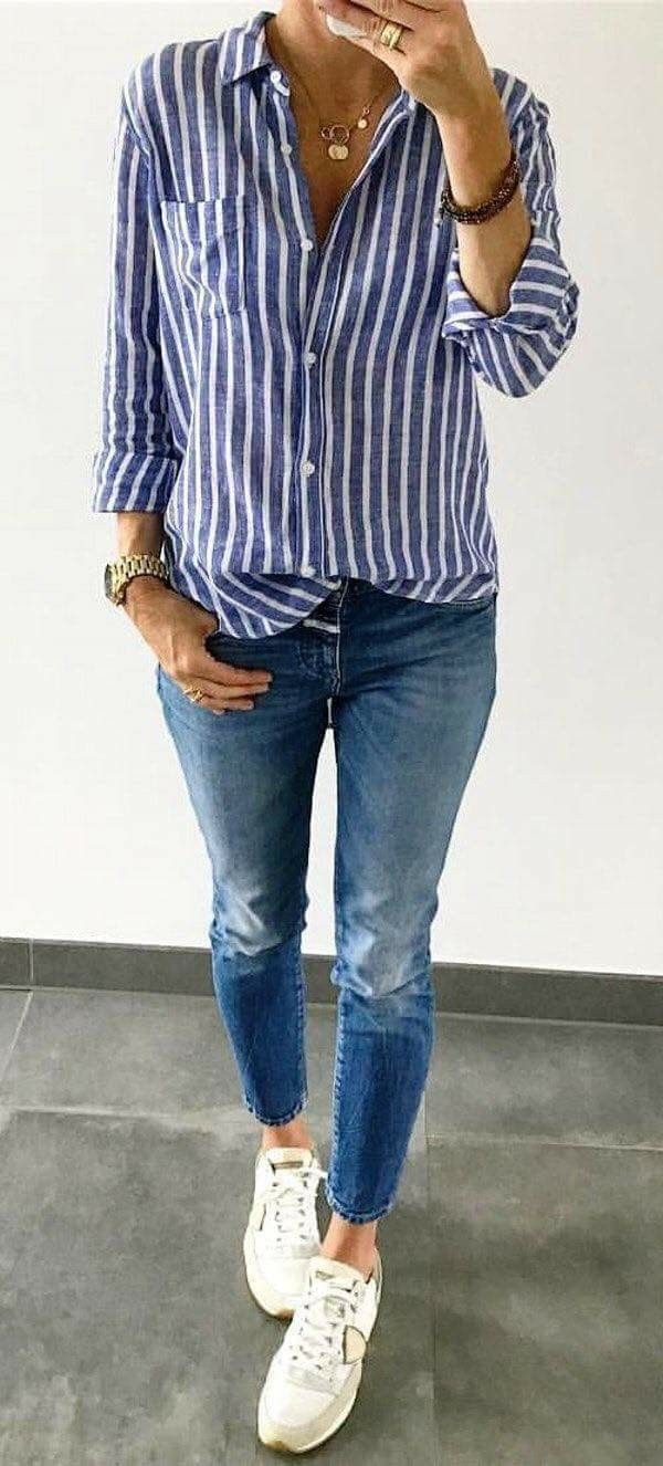 Camisa a rayas Blue Striped Shirt, Outfit Jeans, Mode Casual, Urban Street Style, Looks Chic, 가을 패션, Outfits Casual, Outfits Fashion, Petite Fashion