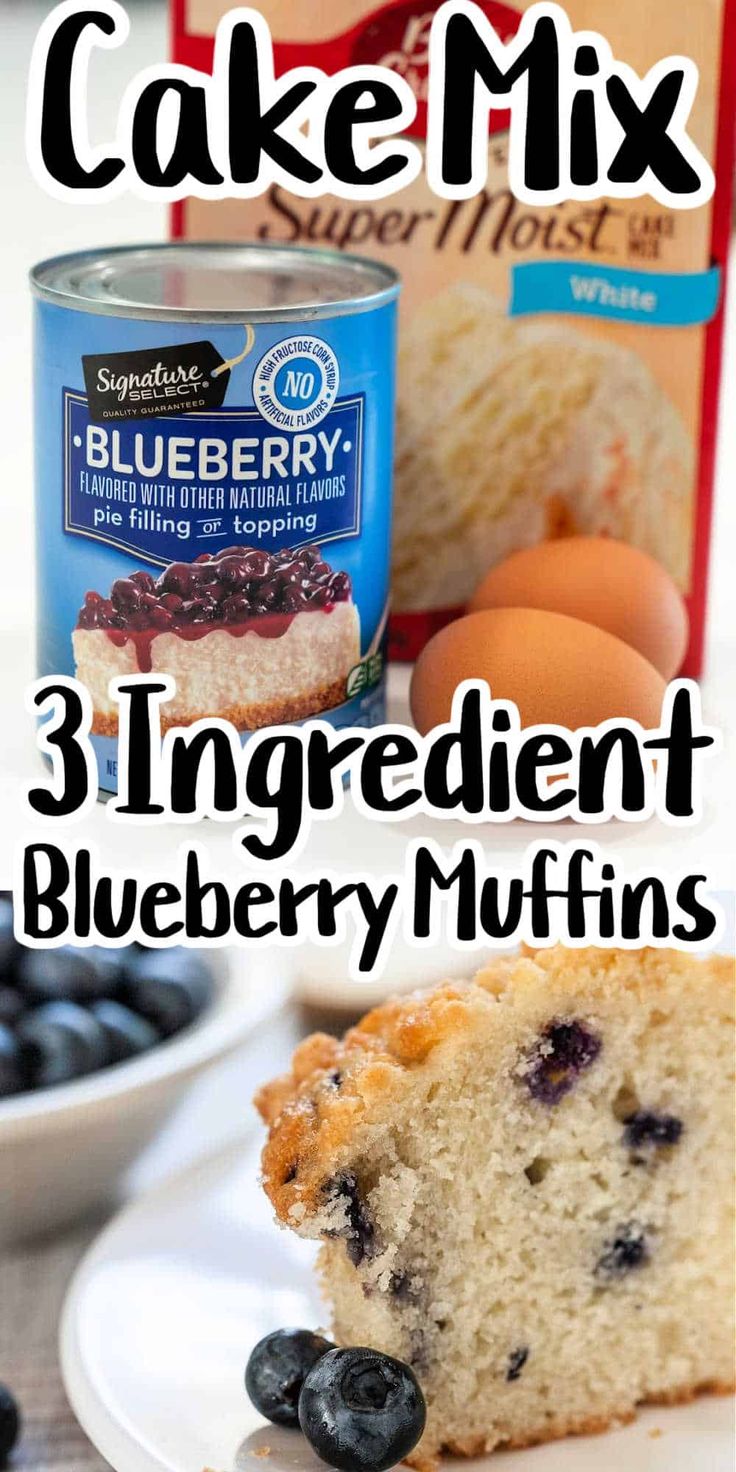 blueberry muffins on a plate next to a can of cake mix