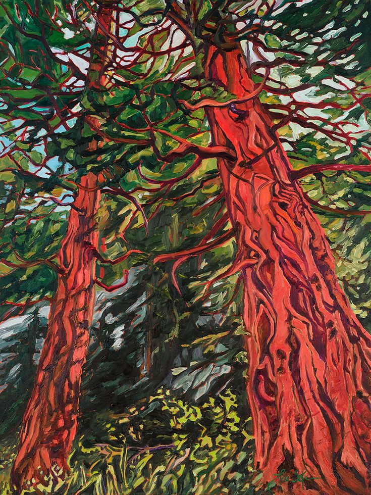 an oil painting of two red trees in the woods