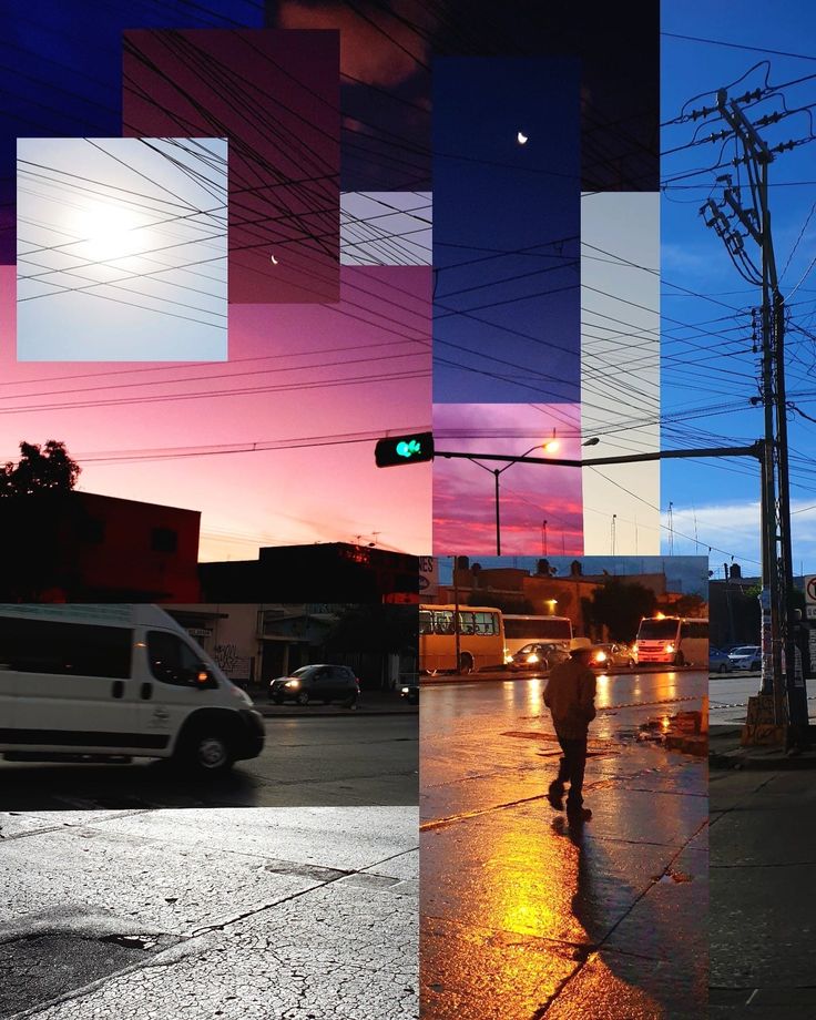 multiple images of people walking in the rain at night and on the street with traffic lights