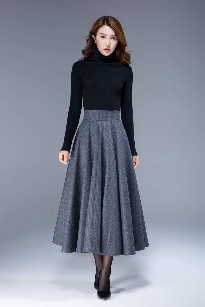 gray wool skirt, wool skirt, striped skirt, swing skirt, maxi skirt, f – XiaoLizi Slavic Style, Long Wool Skirt, Fitted Maxi Skirt, Womens Skirt Outfits, Fancy Skirts, Black Skirts, Skirt Wool, Long Skirt Fashion, Dress Idea