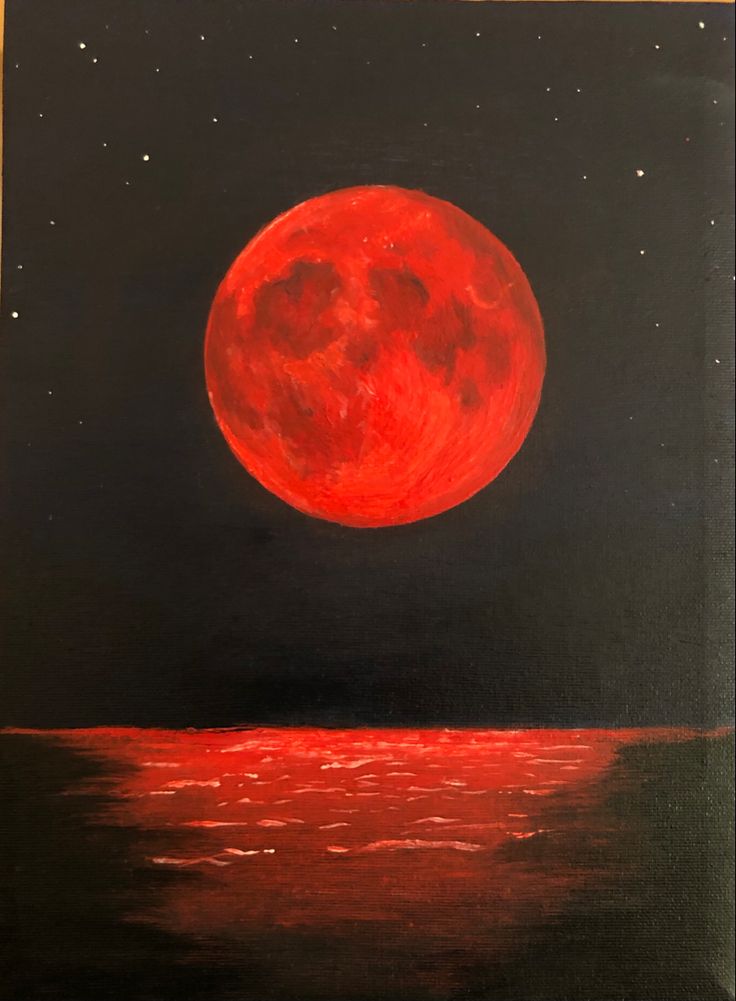 a painting of a red moon over water