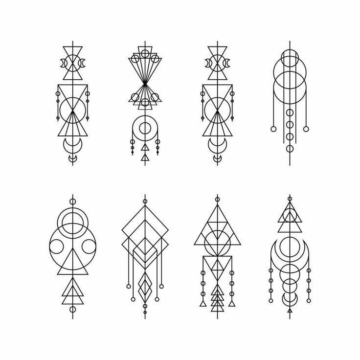 an image of different geometric designs on a white background in black and white, including lines