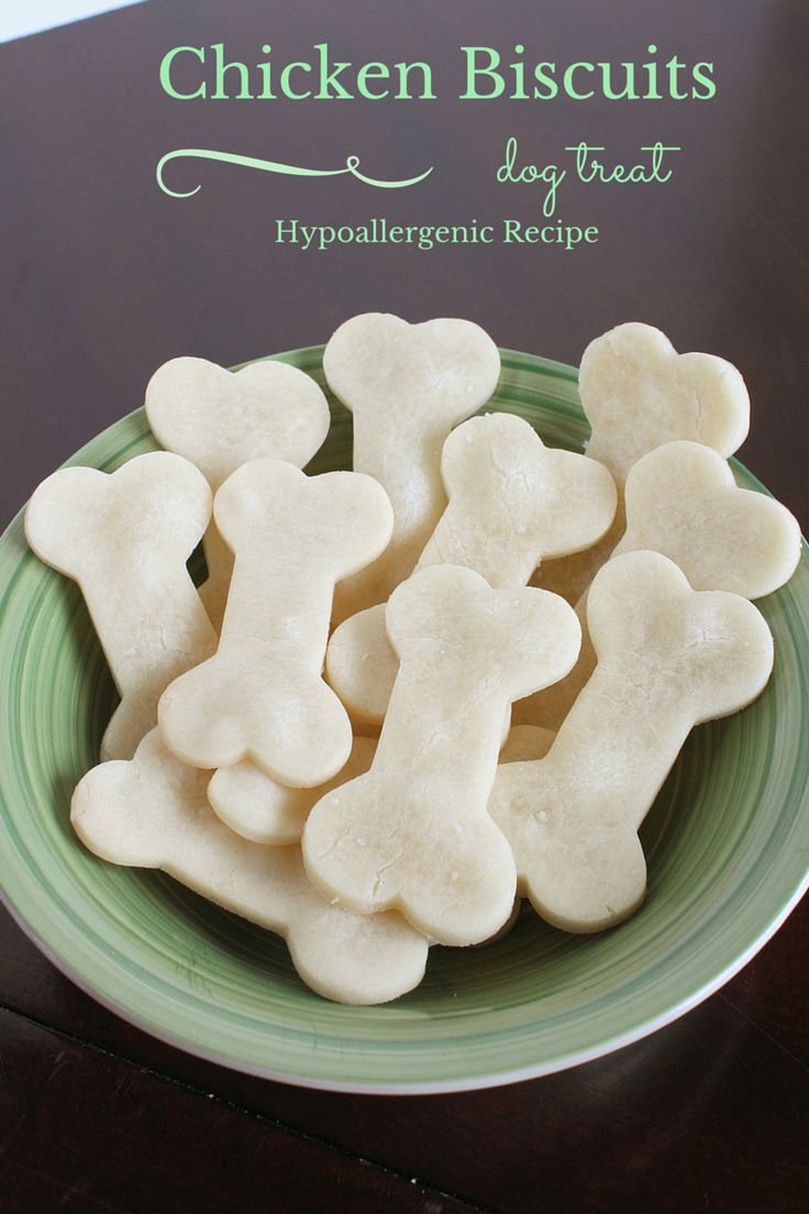 dog treats on a plate with the words chicken biscuits day treat above them