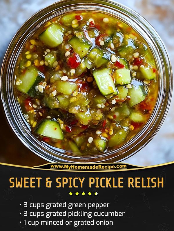 a jar filled with pickle relish on top of a table