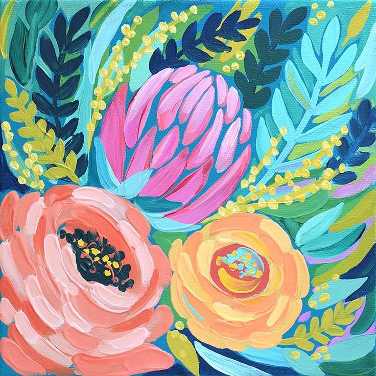 a painting of flowers and leaves on a blue background