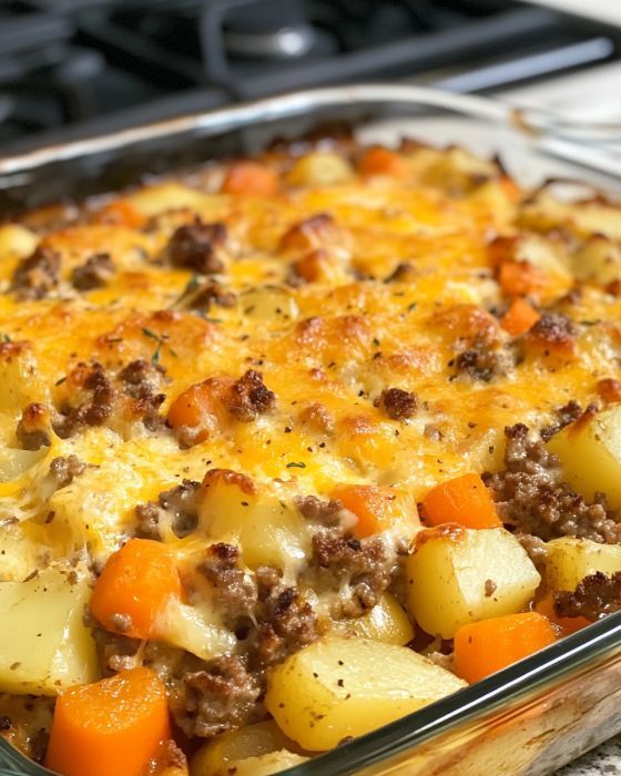 a casserole dish with meat, potatoes and carrots