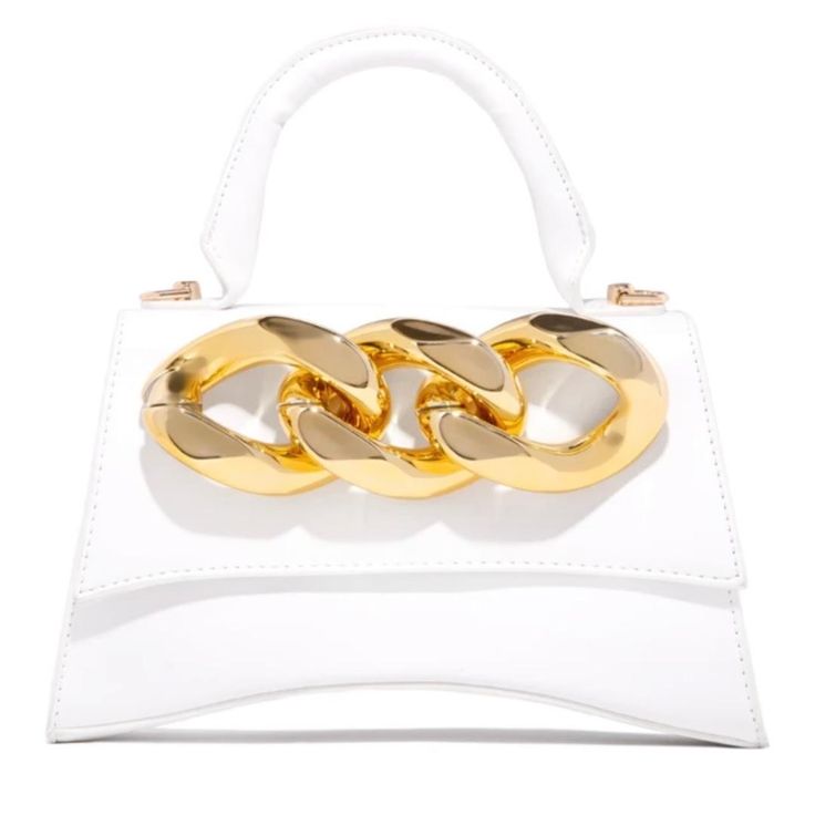 MEASUREMENTS BAG MEASUREMENT: 9"L X 3.75"W X 6"H GOLD-TONE CHAIN SHOULDER MEASUREMENT: 48.75" PRODUCT DETAILS LARGE GOLD-TONE CHAIN LINK DETACHABLE GOLD-TONE SHOULDER CHAIN MAGNETIC CLOSURE INTERIOR ZIPPER POCKET FULL INTERIOR LINING WHITE BAG Gold Flap Bag With Double Handle For Evening, Gold Handheld Shoulder Bag With Metal Hardware, Gold Double Handle Flap Bag For Evening, Gold Satchel Shoulder Bag With Metal Hardware, Gold Satchel With Gold-tone Hardware For Fashion Accessory, Chic Gold Flap Bag With Detachable Handle, Chic Gold Satchel With Top Carry Handle, Gold Flap Bag With Top Carry Handle For Evening, Gold Satchel With Metal Hardware And Double Handle