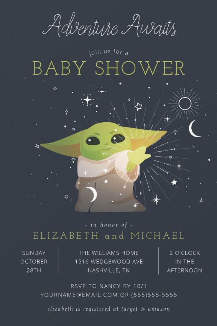 The Child | Adventure Awaits Baby Shower Invitation
Invite all your family and friends to your baby shower with these "Adventure Awaits" invites from Star Wars. Personalize by adding all your shower details! Star Wars Baby Shower Invitations, Star Wars Themed Baby Shower Ideas, Starwars Baby Shower Ideas Boys, Grogu Baby Shower Theme, Baby Yoda Baby Shower Theme, Baby Yoda Baby Shower Ideas, Star Wars Baby Shower Ideas, Star Wars Baby Shower Decorations, September Baby Showers