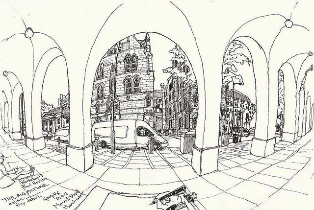 a drawing of a city street with arches