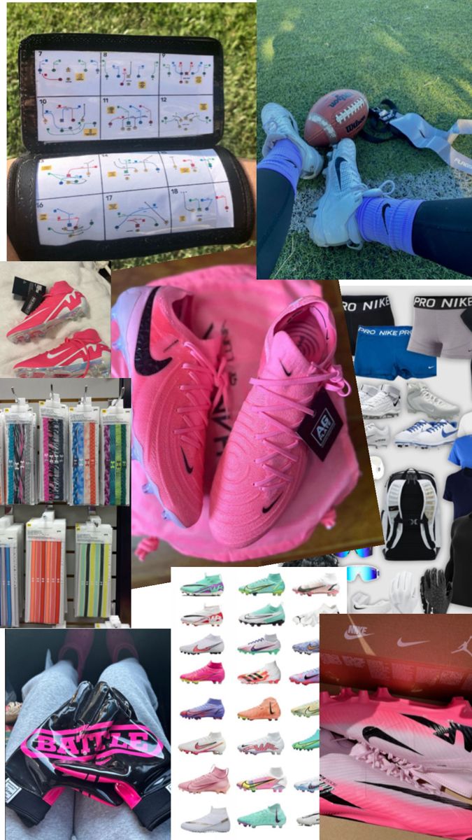 a collage of photos with shoes and sports equipment