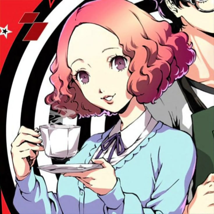 an anime character holding a cup and saucer with another person in the background looking on