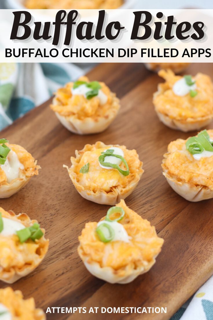 buffalo chicken dip filled appetizers on a wooden cutting board with text overlay