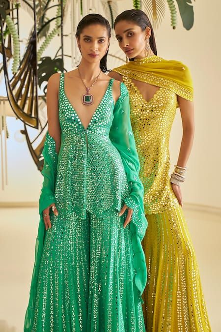 Buy Green Georgette Embroidered Embellished Peplum Kurta Sharara Set For Women by Seema Gujral Online at Aza Fashions. Indian Simple Wedding Outfits, Mirror Work Indian Outfit, Mirror Work Sharara Suit, Mirror Work Sharara, About Fashion Designing, Mirror Work Fabric, Drape Lehenga, Pakistani Sharara, Short Kurtas