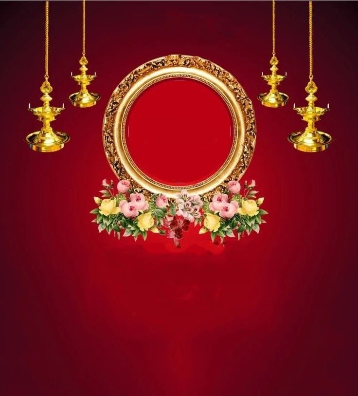 an ornate gold frame with flowers and candles hanging from it's sides on a red background