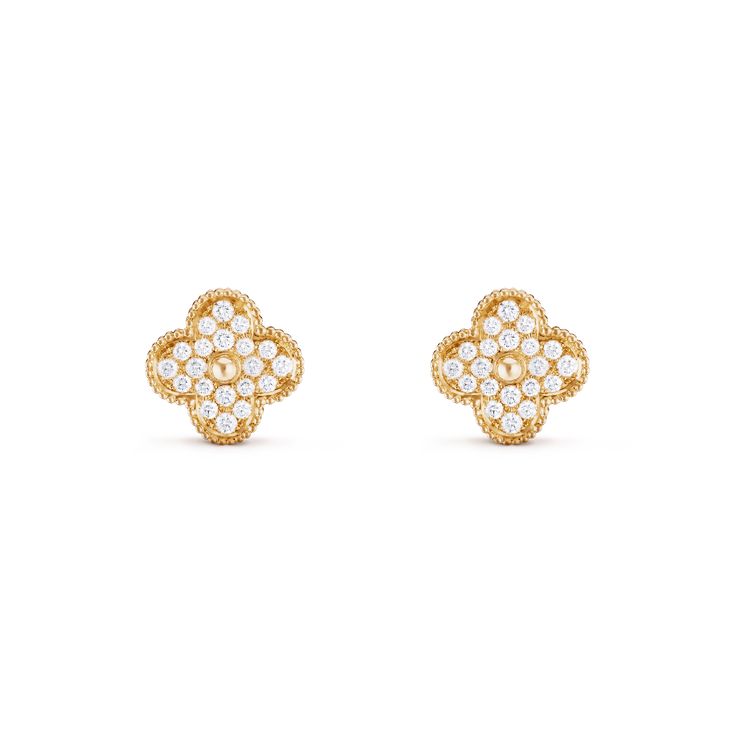 Van Cleef Earrings, Alhambra Earrings, Gold Vans, Van Cleef And Arpels Jewelry, Geek Jewelry, Van Cleef And Arpels, Gold Jewelry Stores, Mini Hoop Earrings, Gold Rhinestone