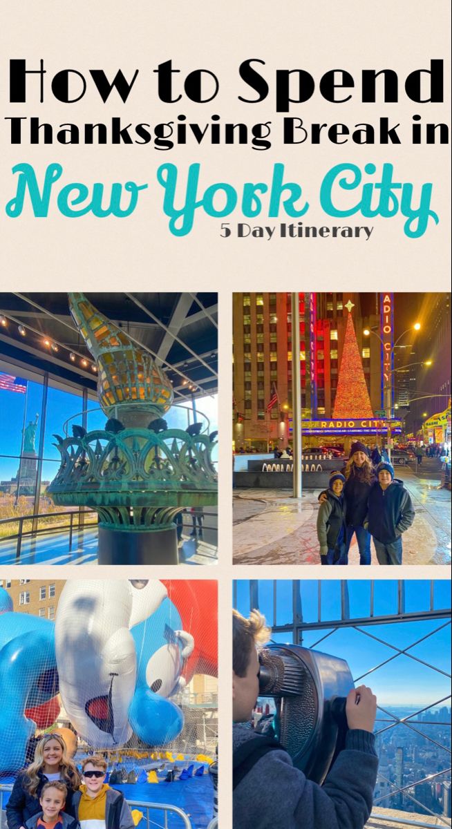 the cover of how to spend thanksgiving break in new york city, with photos of people taking pictures