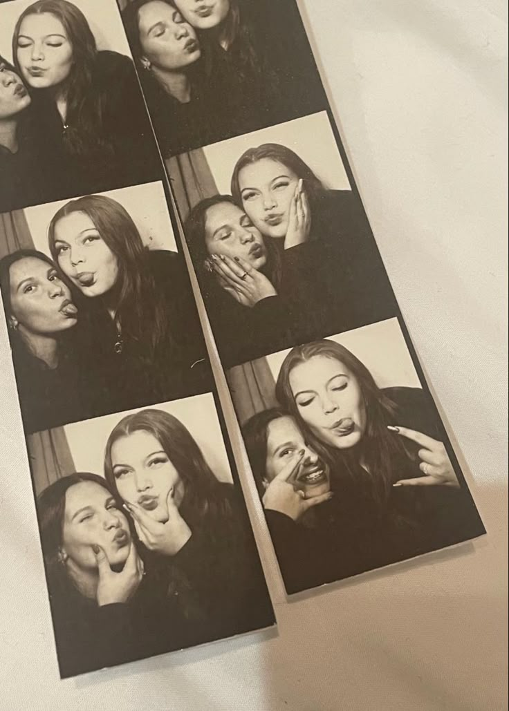 four polaroid pictures of women making faces and kissing each other with their mouths open