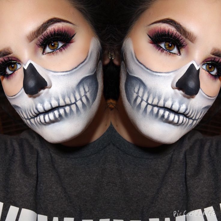 Half skull @makeupbymeritt Face Skull Makeup, Half Face Skull Makeup, Horror Smink, Skull Makeup Look, Half Skull Makeup, Halloween Skeleton Makeup, Scary Halloween Makeup, Camouflage Makeup, Halloweenský Makeup