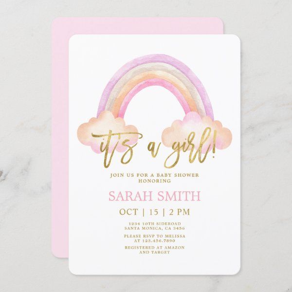 the it's a girl baby shower card is shown with a rainbow and clouds