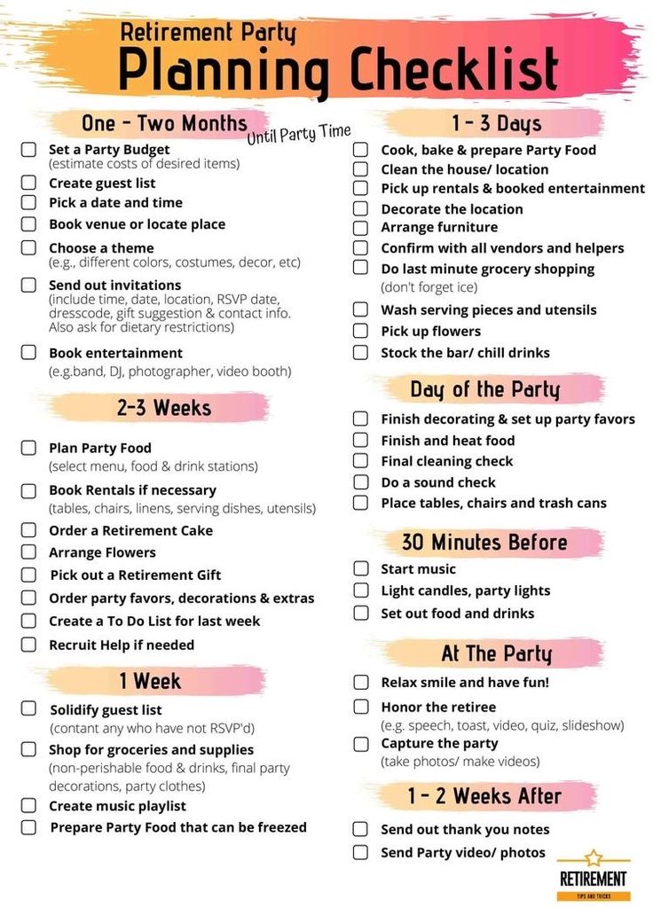 a checklist with the words,'retirement party planning checklist'in pink and orange