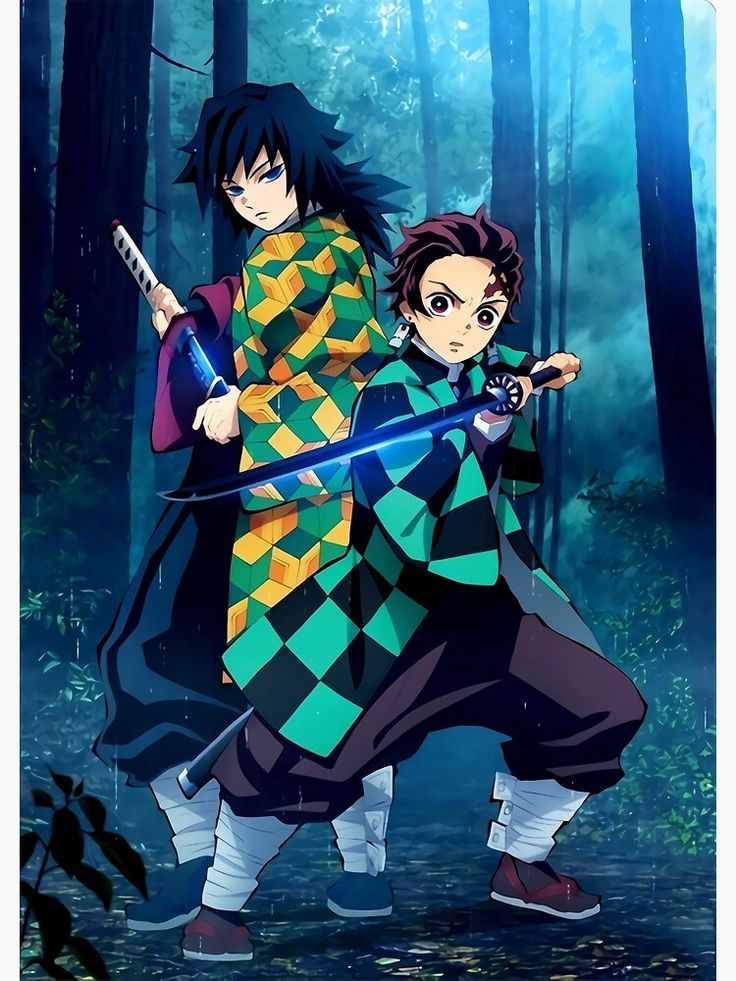 two anime characters standing in the woods with swords and looking at each other's eyes