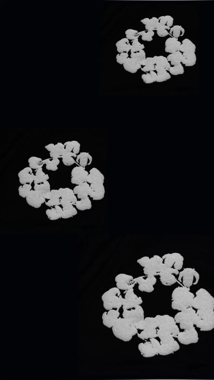 three images of white flowers in the dark, with one flower surrounded by smaller ones