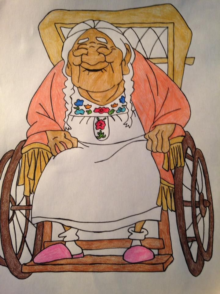 a drawing of an old woman in a wheel chair