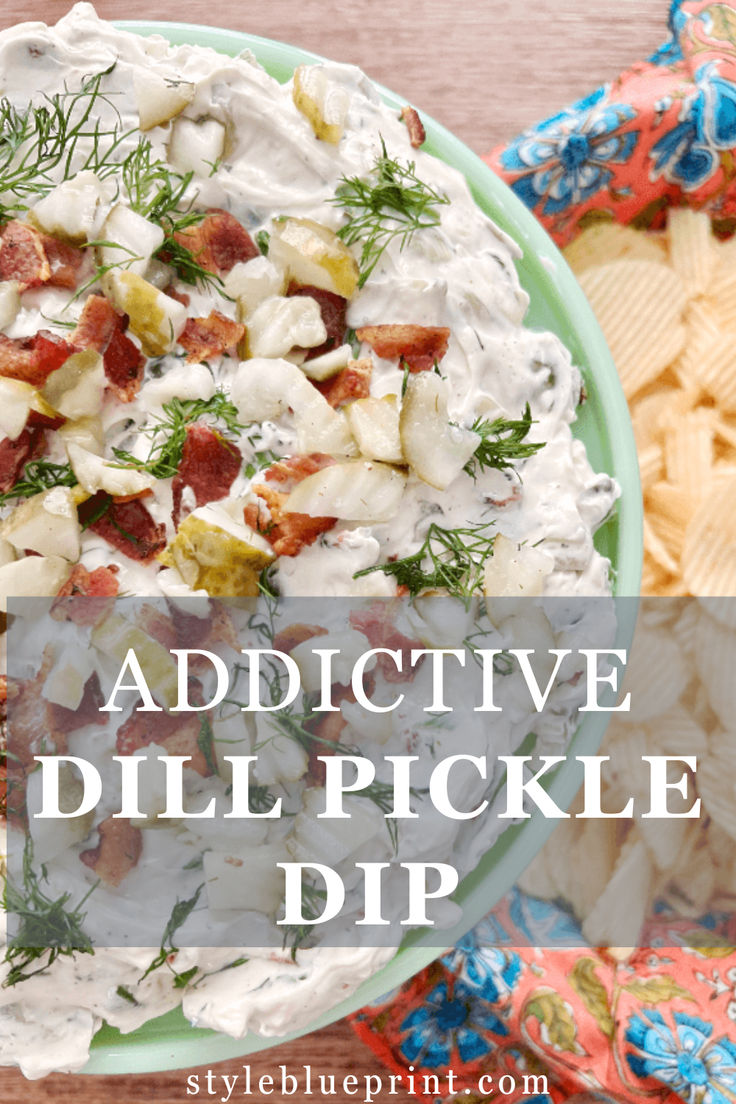 an appetizing dill pickle dip in a bowl with potato chips on the side