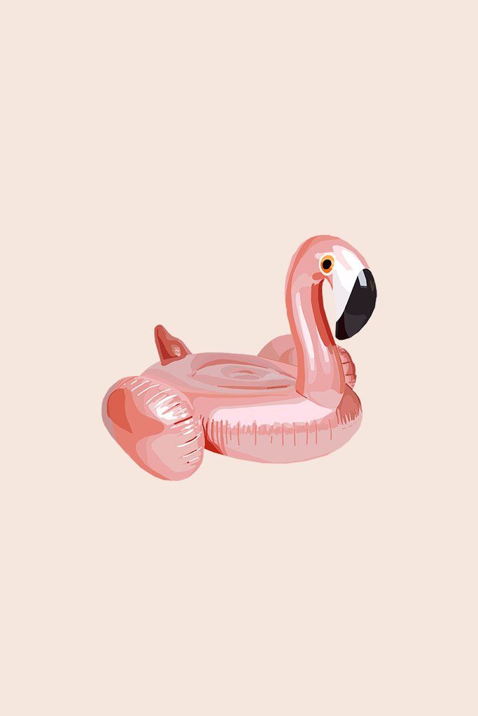 an inflatable pink flamingo float floating on the water with a black beak