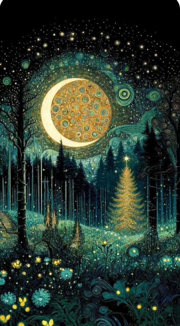 a painting of a forest at night with the moon in the sky and stars above it