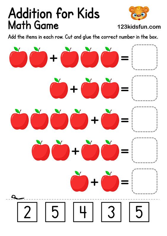 addition for kids worksheet with red apples and numbers on the opposite side of it