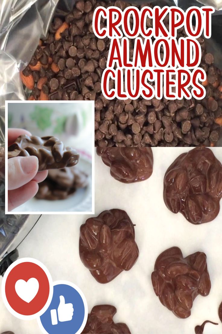 Chocolate covered almond clusters Chocolate Almond Bark Recipes, Crock Pot Almonds, Chocolate Covered Almonds Recipe, Chocolate Almond Clusters, Peanut Clusters In Crockpot, Almond Bark Recipes, Chocolate Nuts Clusters, Almond Clusters, Easy Christmas Cookies