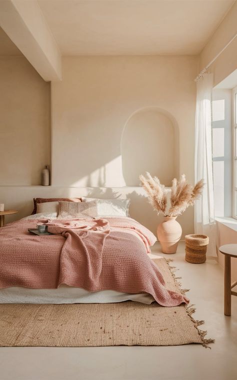 #homedecor, #interiordesign, #homedesign, #decor inspiration Pink Japandi Interior, Soft Girly Bedroom Aesthetic, Dusty Pink Room Ideas, Coral And Pink Bedroom, Dusty Pink Boho Bedroom, Pink Bedding Room Ideas For Women, Millennial Pink Bedroom, Minimal Pink Bedroom, Pink Scandinavian Bedroom