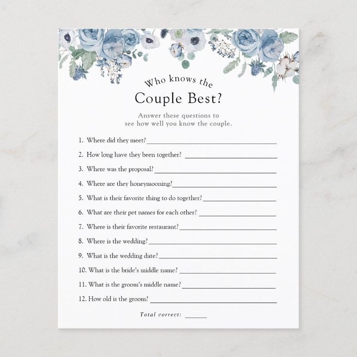 a printable question card with blue flowers and greenery on the side that says, who knows the couple best?