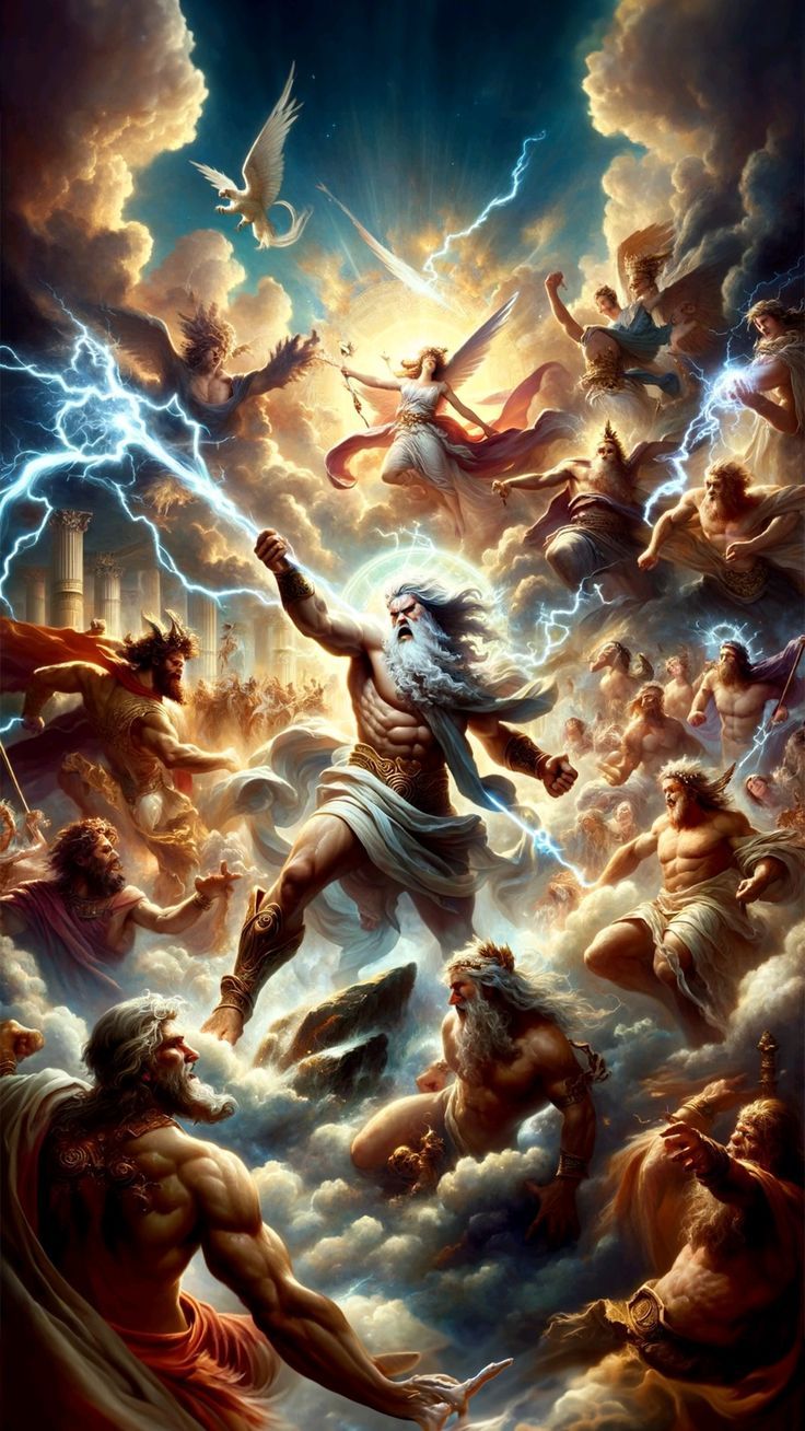 an image of the god surrounded by many other gods and men in clouds with lightning