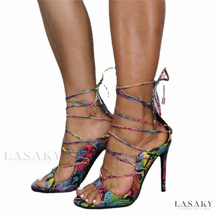 Lasaky - Chic Snake Print Ankle Boots Trendy Ankle Strap Boots For Spring, Fitted Multicolor Sandals With Round Toe, Multicolor Round Toe Sandals, Fitted Multicolor Round Toe Sandals, Trendy Summer Boots With Ankle Strap, Multicolor Ankle-high Heels For Spring, Summer High Heel Synthetic Boots, Multicolor Ankle-high Heels, Summer Pointed Toe Boots With Wrapped Heel