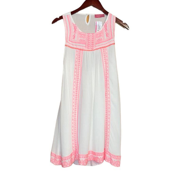 Jennifers Collectionnwt Beautiful Boutique Brand White/Neon Pink Embroidery Dress With Open Back Size Small... Fully Lined Dress, Keyhole Button Back Closure. Materials: 100% Rayon Lining- 100% Polyester Measurements: Pit To Pit- 16" Length- 34" White Sleeveless Embroidered Dress With Lace Trim, White Embroidered Sleeveless Dress With Lace Trim, Spring Vacation Pink Embroidered Dress, Pink Sleeveless Embroidered Summer Dress, Pink Sleeveless Embroidered Dress For Summer, White Embroidered Summer Dress With Lace Trim, Pink Spring Dress With Embroidered Hem, Spring Pink Dress With Embroidered Hem, Pink Casual Dress With Embroidered Hem